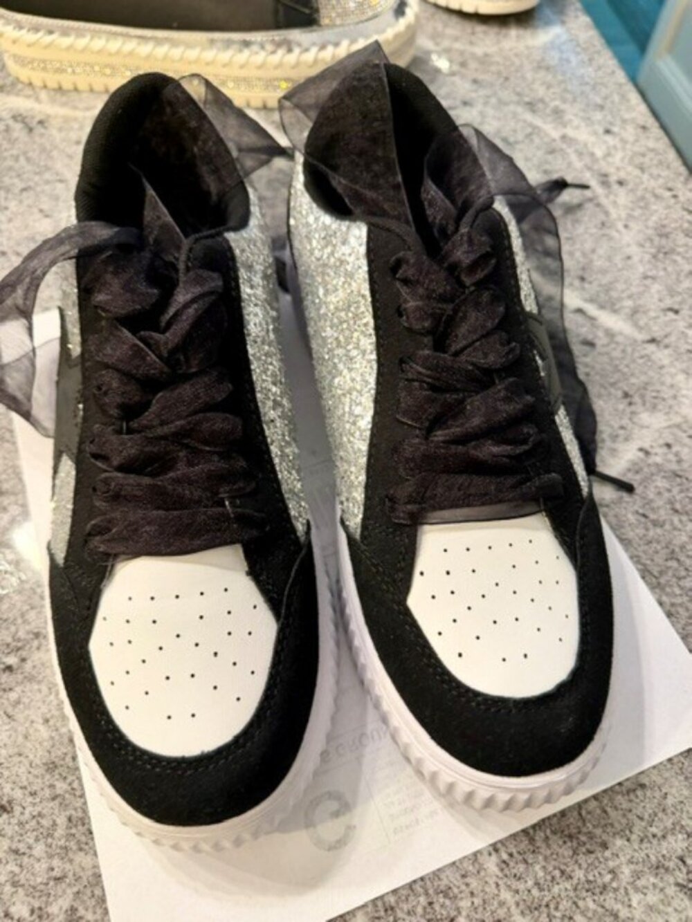 Black & White Patchwork Sneakers With Silver Glitter Star Decor